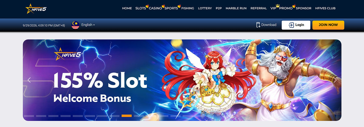 Hfive5 online casino homepage screenshot